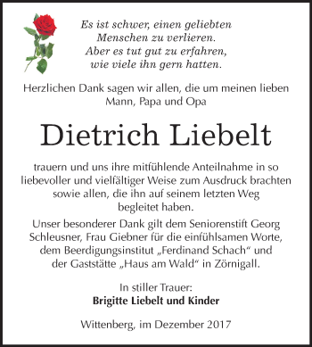 Traueranzeige von Dietrich Liebelt von Mitteldeutsche Zeitung