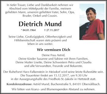 Traueranzeige von Dietrich Mund von Wochenspiegel Mansfelder Land