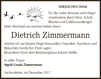 Traueranzeige von Dietrich Zimmermann von Super Sonntag Aschersleben