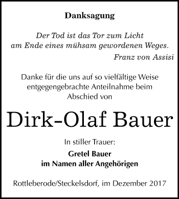 Traueranzeige von Dirk-Olaf Bauer von Mitteldeutsche Zeitung Sangerhausen