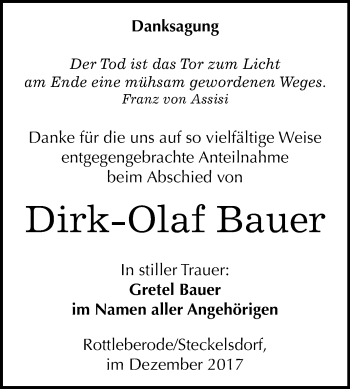 Traueranzeige von Dirk-Olaf Bauer von Mitteldeutsche Zeitung Sangerhausen