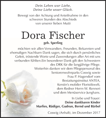 Traueranzeige von Dora Fischer von Super Sonntag Wittenberg