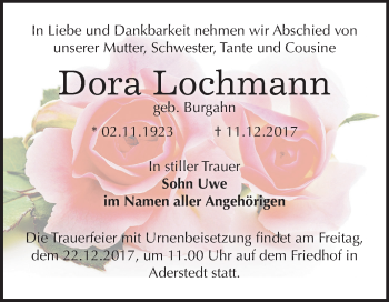 Traueranzeige von Dora Lochmann von Mitteldeutsche Zeitung Bernburg