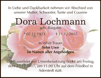 Traueranzeige von Dora Lochmann von Super Sonntag Bernburg