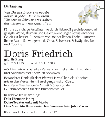 Traueranzeige von Doris Friedrich von Mitteldeutsche Zeitung Köthen