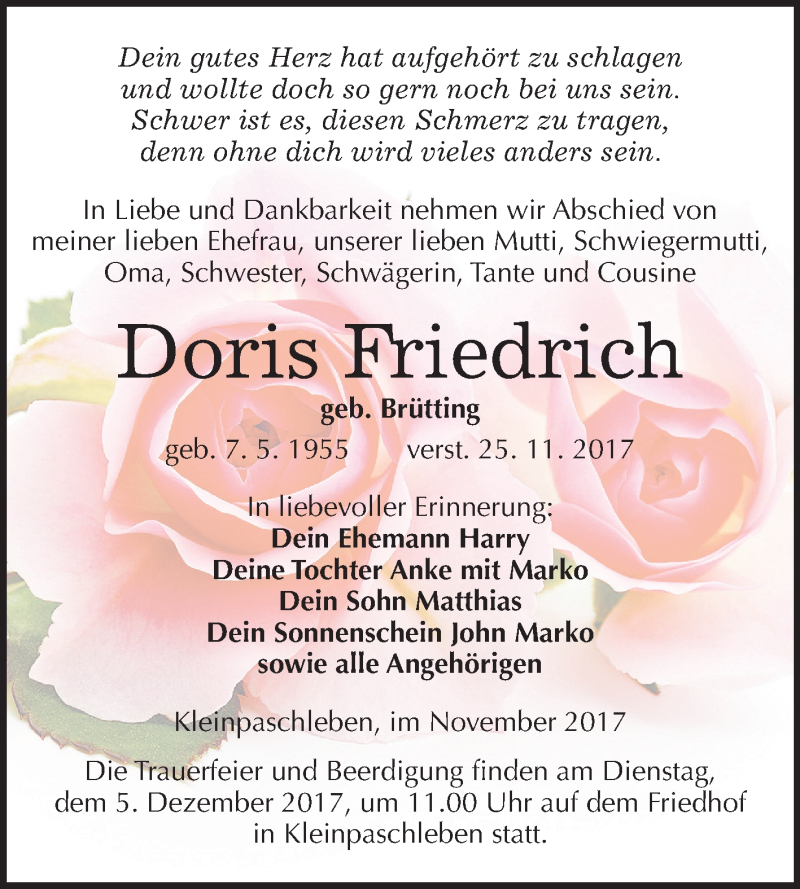  Traueranzeige für Doris Friedrich vom 02.12.2017 aus Mitteldeutsche Zeitung Köthen