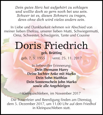 Traueranzeige von Doris Friedrich von WVG - Wochenspiegel Dessau / Köthen