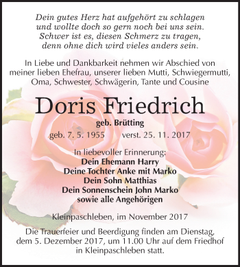 Traueranzeige von Doris Friedrich von Mitteldeutsche Zeitung Köthen
