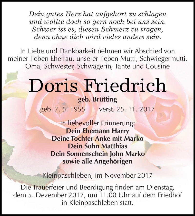  Traueranzeige für Doris Friedrich vom 02.12.2017 aus WVG - Wochenspiegel Dessau / Köthen