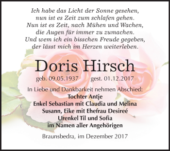 Traueranzeige von Doris Hirsch von Mitteldeutsche Zeitung Merseburg/Querfurt
