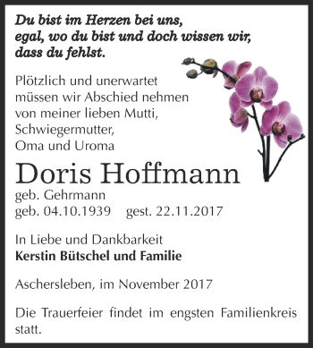 Traueranzeige von Doris Hoffmann von Super Sonntag Aschersleben