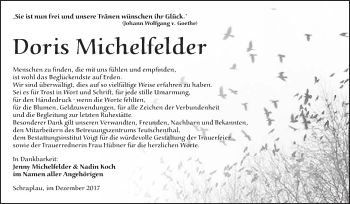 Traueranzeige von Doris Michelfelder von WVG - Wochenspiegel Merseburg
