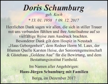 Traueranzeige von Doris Schumburg von Mitteldeutsche Zeitung Sangerhausen