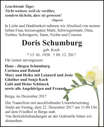 Traueranzeige von Doris Schumburg von Mitteldeutsche Zeitung Sangerhausen