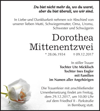 Traueranzeige von Dorothea Mittenentzwei von Mitteldeutsche Zeitung Bernburg
