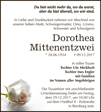 Traueranzeige von Dorothea Mittentzwei von Super Sonntag Bernburg