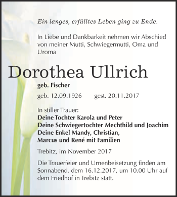 Traueranzeige von Dorothea Ullrich von WVG - Wochenspiegel Wittenberg