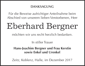 Traueranzeige von Eberhard Bergner von Super Sonntag Zeitz