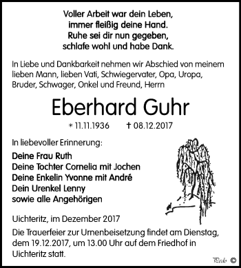 Traueranzeige von Eberhard Guhr von Mitteldeutsche Zeitung Weißenfels