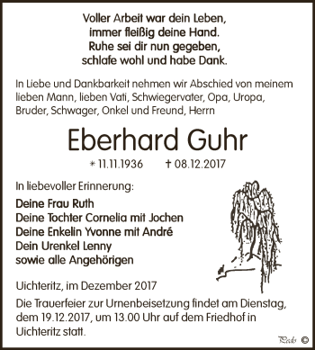 Traueranzeige von Eberhard Guhr von WVG - Wochenspiegel NMB / WSF / ZTZ
