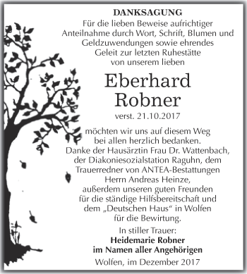 Traueranzeige von Eberhard Robner von WVG - Wochenspiegel Bitterfeld