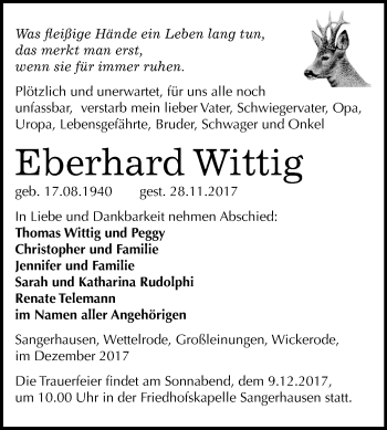 Traueranzeige von Eberhard Wittig von Mitteldeutsche Zeitung Sangerhausen