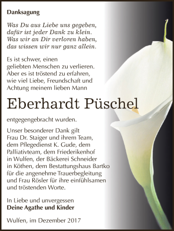 Traueranzeige von Eberhardt Püschel von WVG - Wochenspiegel Dessau / Köthen