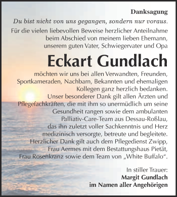 Traueranzeige von Eckart Gundlach von WVG - Wochenspiegel Bitterfeld