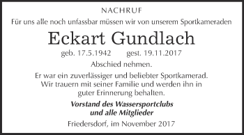 Traueranzeige von Eckart Gundlach von WVG - Wochenspiegel Bitterfeld