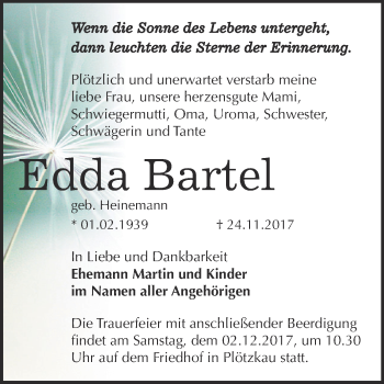 Traueranzeige von Edda Bartel von Super Sonntag Bernburg
