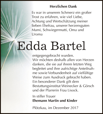 Traueranzeige von Edda Bartel von Super Sonntag Bernburg