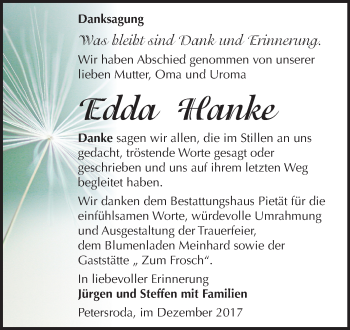 Traueranzeige von Edda Hanke von Mitteldeutsche Zeitung Bitterfeld