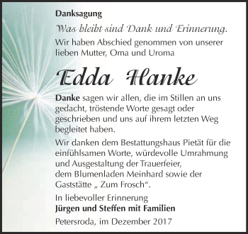 Traueranzeige von Edda Hanke von WVG - Wochenspiegel Bitterfeld