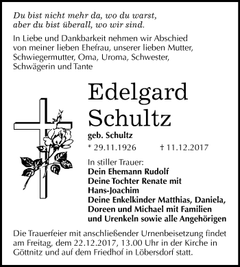 Traueranzeige von Edelgard Schultz von Mitteldeutsche Zeitung Bitterfeld
