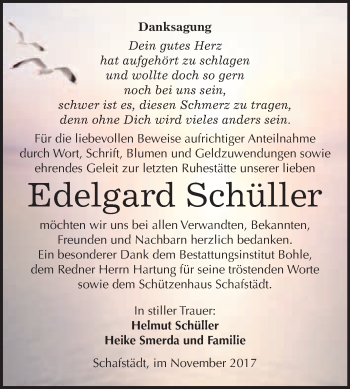 Traueranzeige von Edelgard Schüller von WVG - Wochenspiegel Merseburg