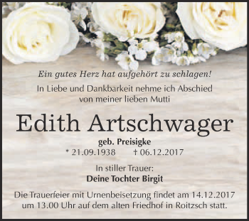 Traueranzeige von Edith Artschwager von WVG - Wochenspiegel Bitterfeld