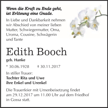 Traueranzeige von Edith Booch von WVG - Wochenspiegel Bitterfeld