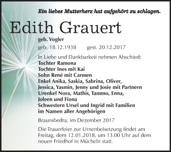 Traueranzeige von Edith Grauert von Mitteldeutsche Zeitung Merseburg/Querfurt