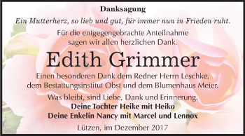 Traueranzeige von Edith Grimmer von Mitteldeutsche Zeitung Weißenfels