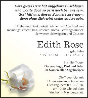 Traueranzeige von Edith Rose von Super Sonntag Bernburg