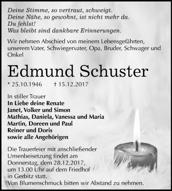 Traueranzeige von Edmund Schuster von Mitteldeutsche Zeitung Bernburg