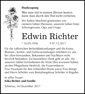 Traueranzeige von Edwin Richter von Mitteldeutsche Zeitung Bitterfeld