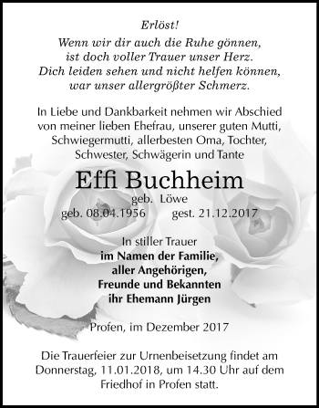 Traueranzeige von Effi Buchheim von Mitteldeutsche Zeitung Zeitz