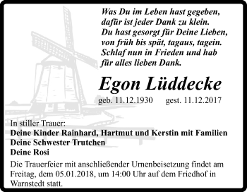 Traueranzeige von Egon Lüddecke von Super Sonntag Quedlinburg