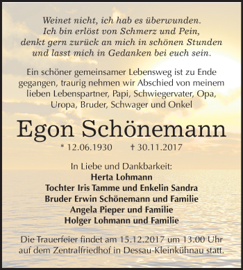 Traueranzeige von Egon Schönemann von Mitteldeutsche Zeitung