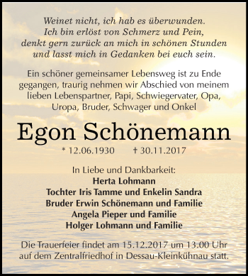 Traueranzeige von Egon Schönemann von WVG - Wochenspiegel Dessau / Köthen