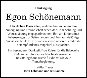 Traueranzeige von Egon Schönemann von Mitteldeutsche Zeitung Dessau-Roßlau