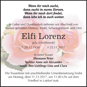 Traueranzeige von Elfi Lorenz von Mitteldeutsche Zeitung Bernburg
