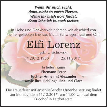 Traueranzeige von Elfi Lorenz von Super Sonntag Bernburg