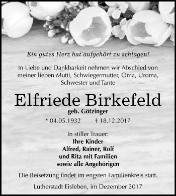 Traueranzeige von Elfriede Birkefeld von Mitteldeutsche Zeitung